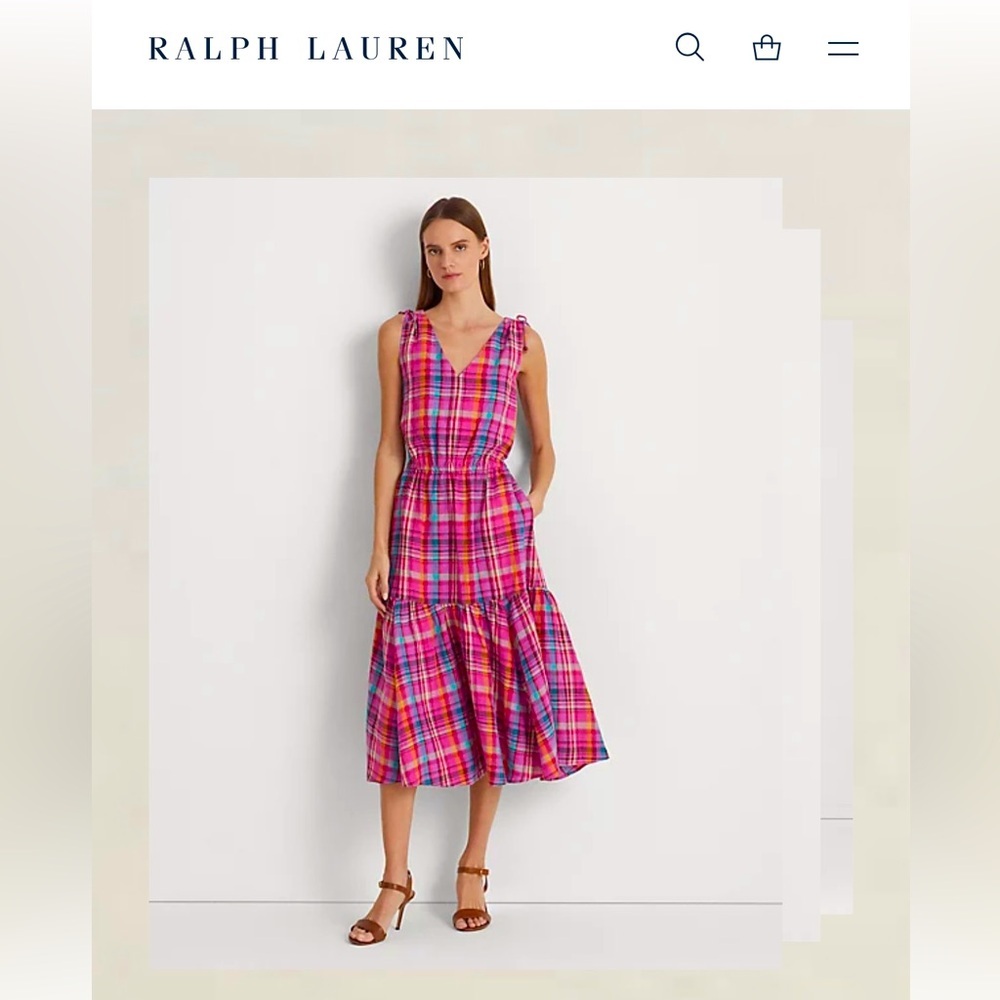 Womens NWT Lauren Ralph Lauren Plaid 100% Linen Sleeveless Midi Dress, size 12
